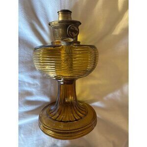 Antique Amber Glass Oil Lamp With Ribbed Design & Metal Burner Heavy